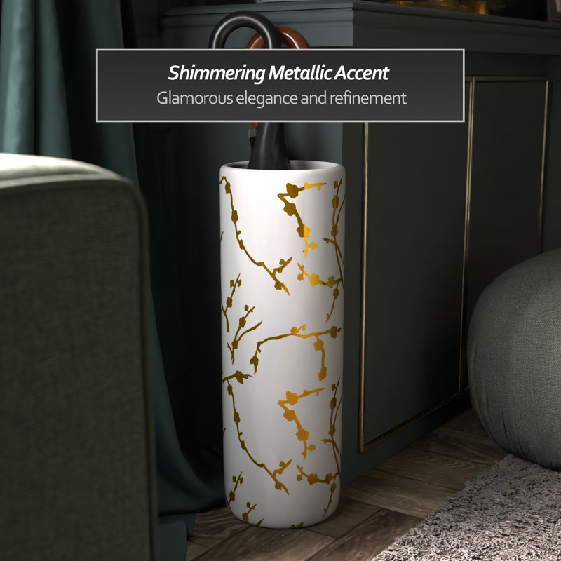 24" Abstract Green & Gold Umbrella Stand, Gold Branches