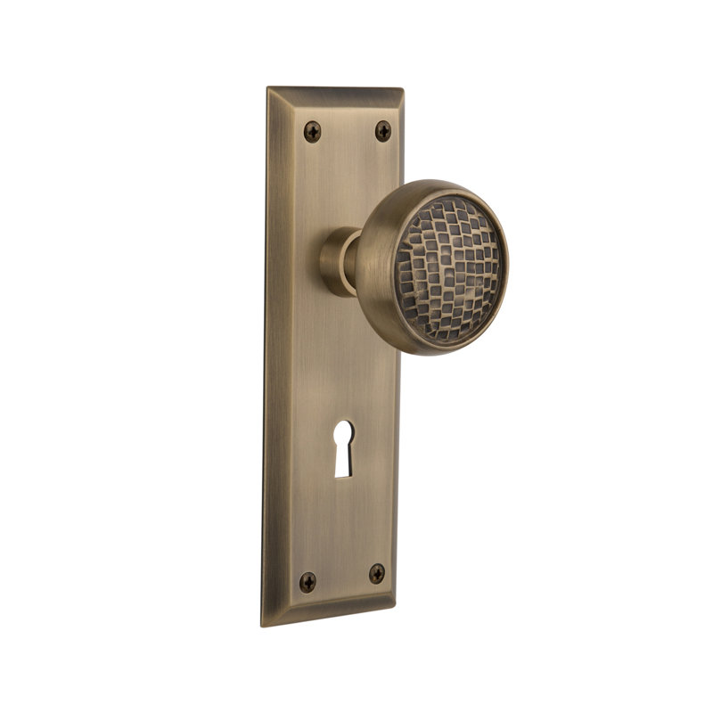 New York Plate with Decorative Keyhole and Craftsman Door Knob, Antique Brass