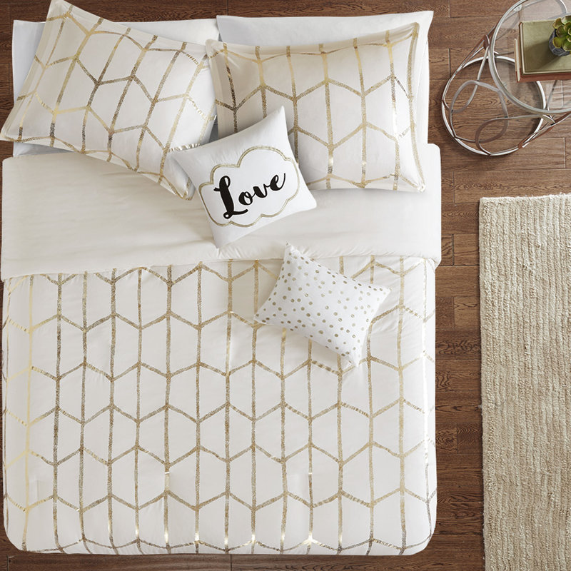 Housse de couette simple / simple TG avec imprimé géométrique doré métallique - microfibre douce, fermeture à boutons, 2 taies décoratives, coussins décoratifs et détails de typographie