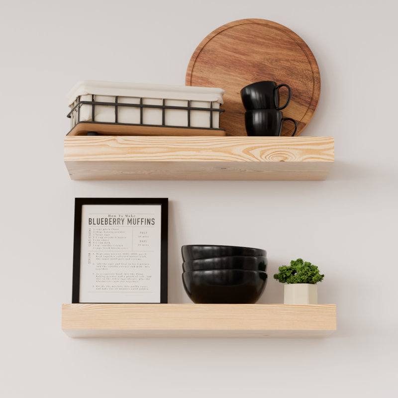 Tablettes flottantes en bois massif, tablettes en bois pour le rangement mural, 1.2" H x 16" W x 6.7" D, Naturel