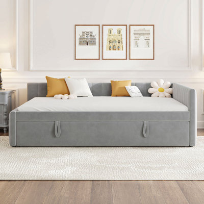 Full Size Upholstered L-Shaped Upholstered Daybed With Twin Size Pop Up Trundle