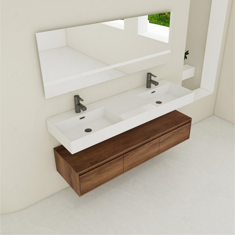Meuble-lavabo mural flottant 60 po avec lavabo en résine et tiroir à fermeture en douceur 60 po