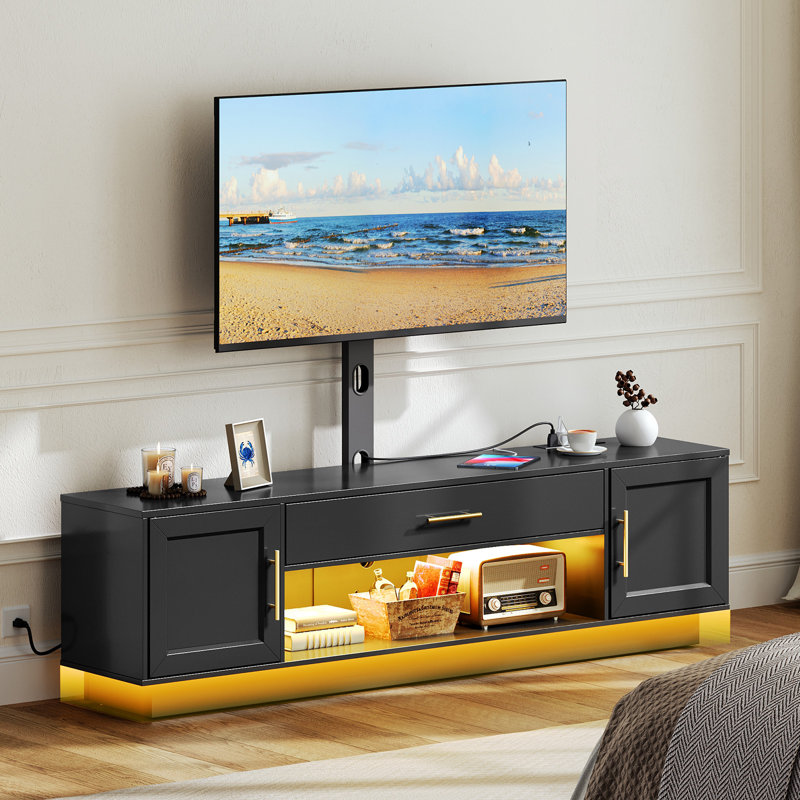 TV Stand with Swivel Mount and Power Outlet, LED Entertainment Center for TVs, Black, 53.1"H x 65.7"L x 13.4"W