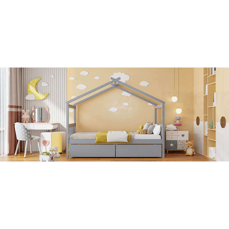 Wooden House Bed With Drawers, Gray, Twin