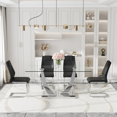 Ensemble de table de salle à manger de 63 po en verre pour 4 personnes, ensemble de table de salle à manger pour 4 personnes, table de cuisine moderne et chaises en cuir synthétique pour 4 personnes, table de salle à manger avec plateau rectangulaire 