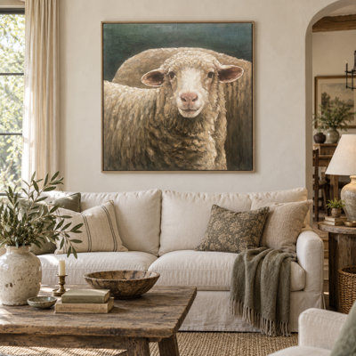 Curious Lamb Rustic Sheep Portrait Framed Canvas Wall Art
