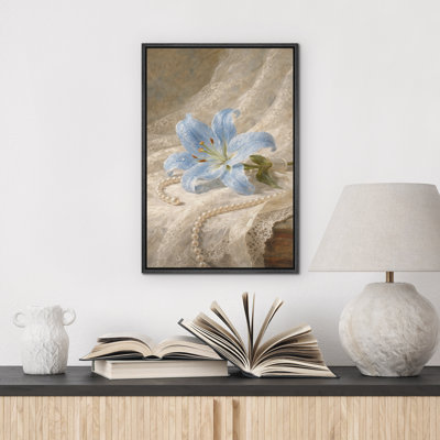 Blue Lily Flower with Pearl Necklace Vintage Floral Still Life Elegant Decor Framed Canvas Master Bedroom Wall Art Work Print