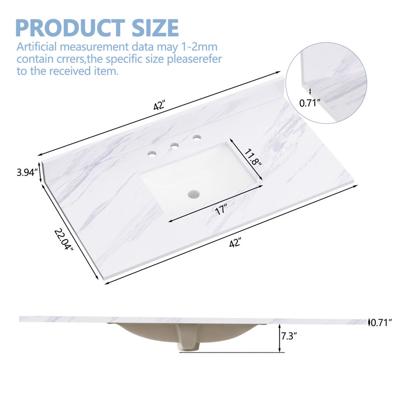 Plan de toilette en pierre reconstituée de 107 cm (42 po) avec lavabo rectangulaire encastré en céramique et dosseret., 42