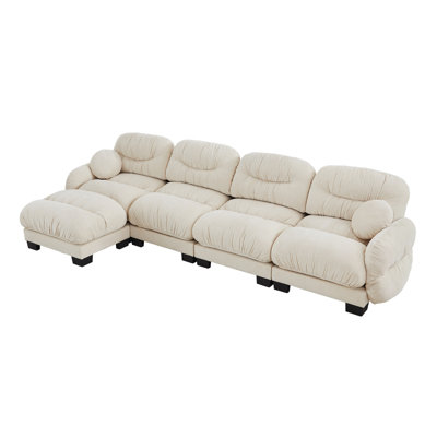Canapé modulaire en L en chenille moelleux avec repose-pieds, canapé modulaire ergonomique avec dossier plissé et coussins ronds pour le salon