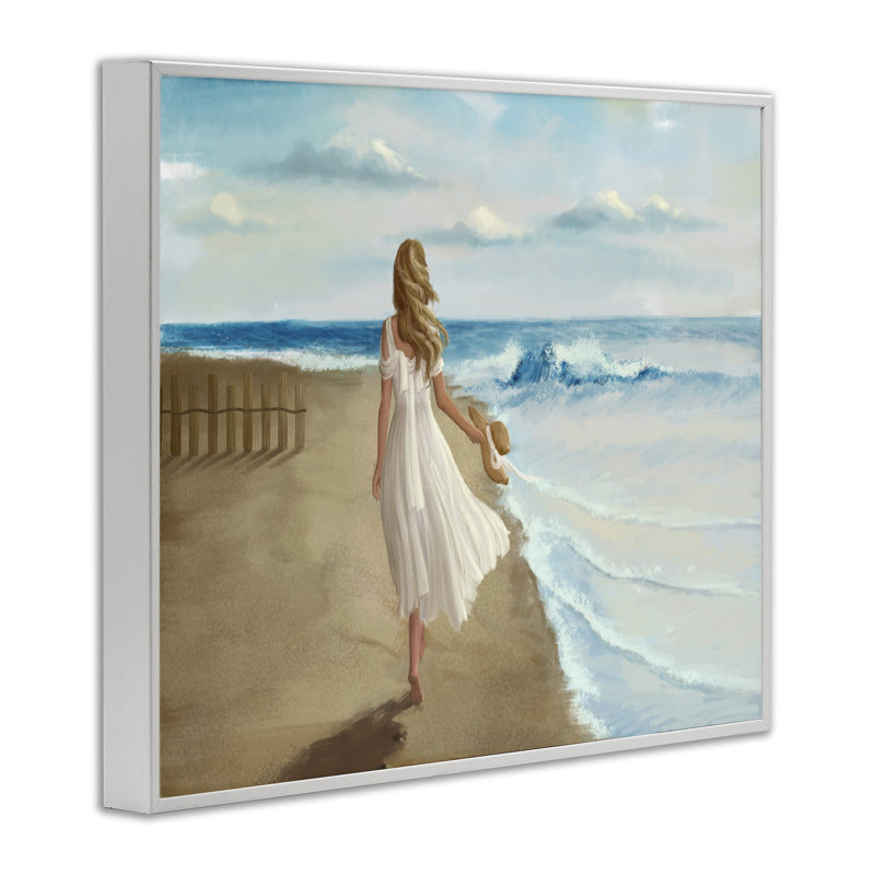 «Walk on the Beach Blue Ocean» par Ziwei Li - reproduction d'art, H 30 po x l 24 po, Giclée encadrée blanc bord de mer