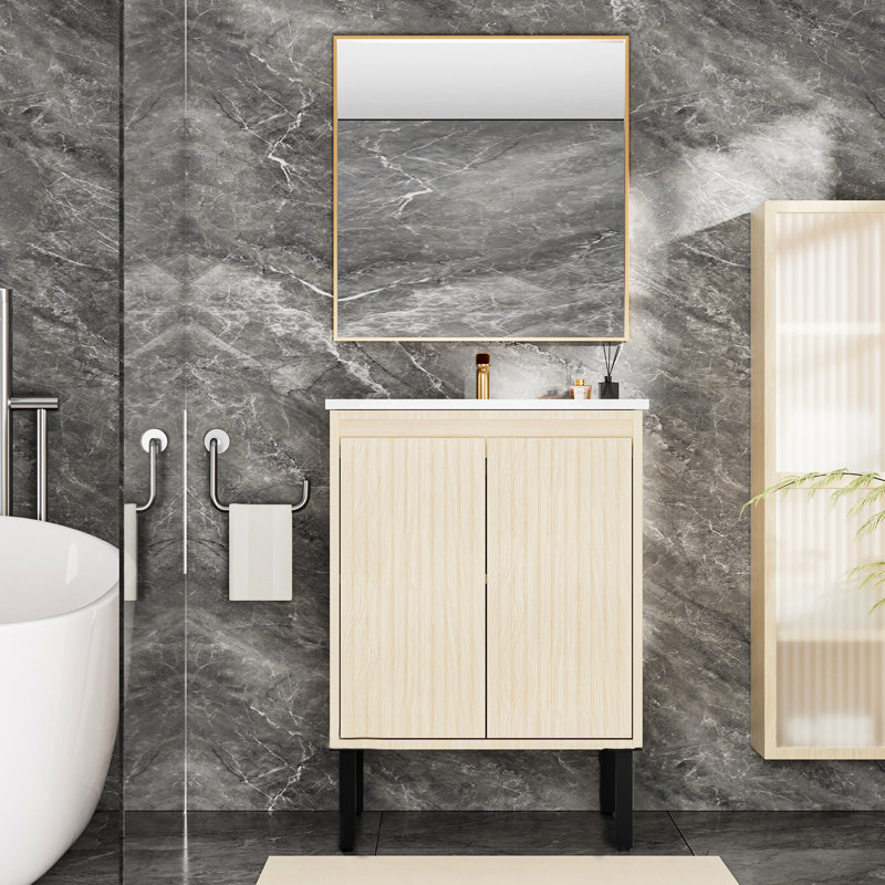 Meuble-lavabo mural de 24 po sans lavabo en chêne avec grand tiroir, formaldéhyde bas, longue durée de vie, installation rapide, profondeur de 22,98 po, largeur de 17,51 po, hauteur de 34,1 po, lavabo de 50,95 lb, style rangement