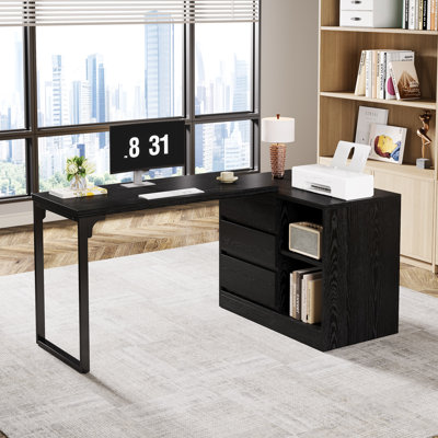 Reversible L Shaped Computer Desk With Drawer Cabinet