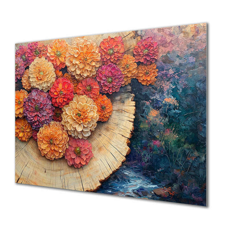 Couleurs de fleurs de chrysanthèmes sur un plateau en bois I - art mural en métal chrysanthèmes, H 24 po x l 32 po