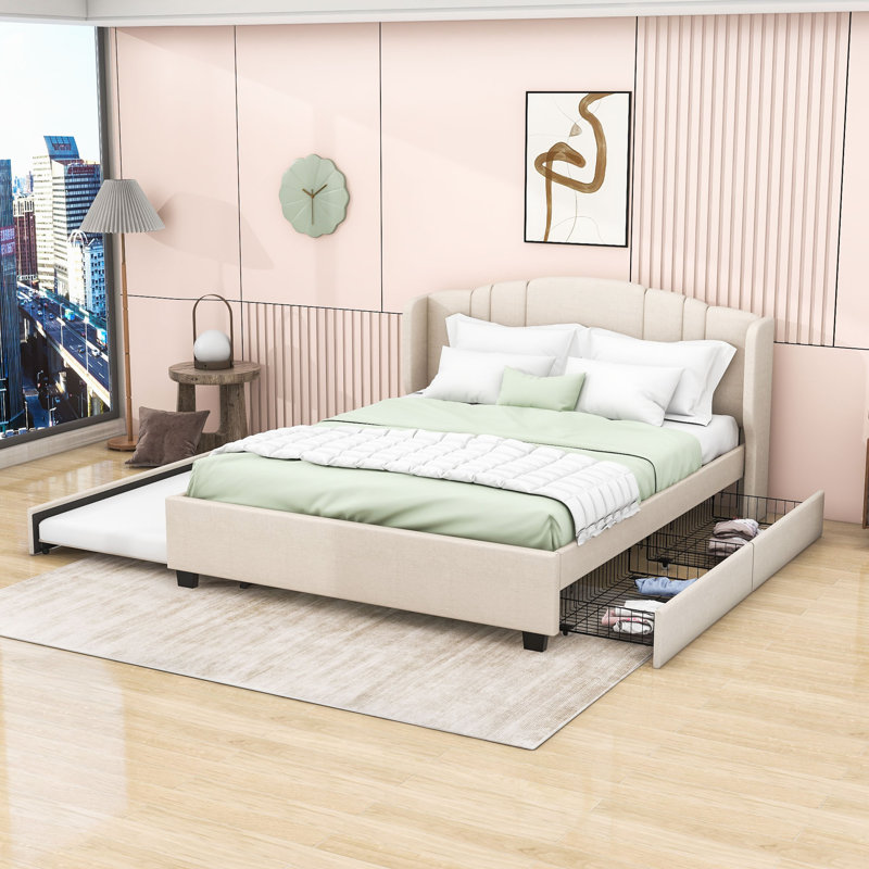 Grand lit plateforme tapissier 2 tiroirs Mackeroy, Beige