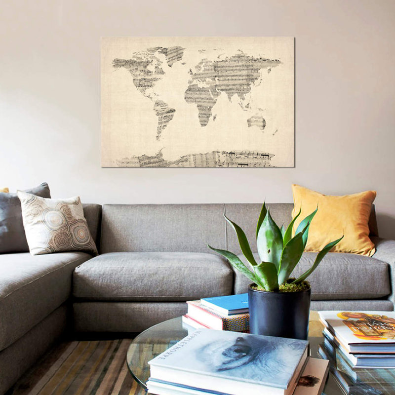Old Sheet Music World Map by Michael Tompsett - Print on Canvas, 101.6 cm H x 66.04 cm W x 3.175 cm D, No Frame