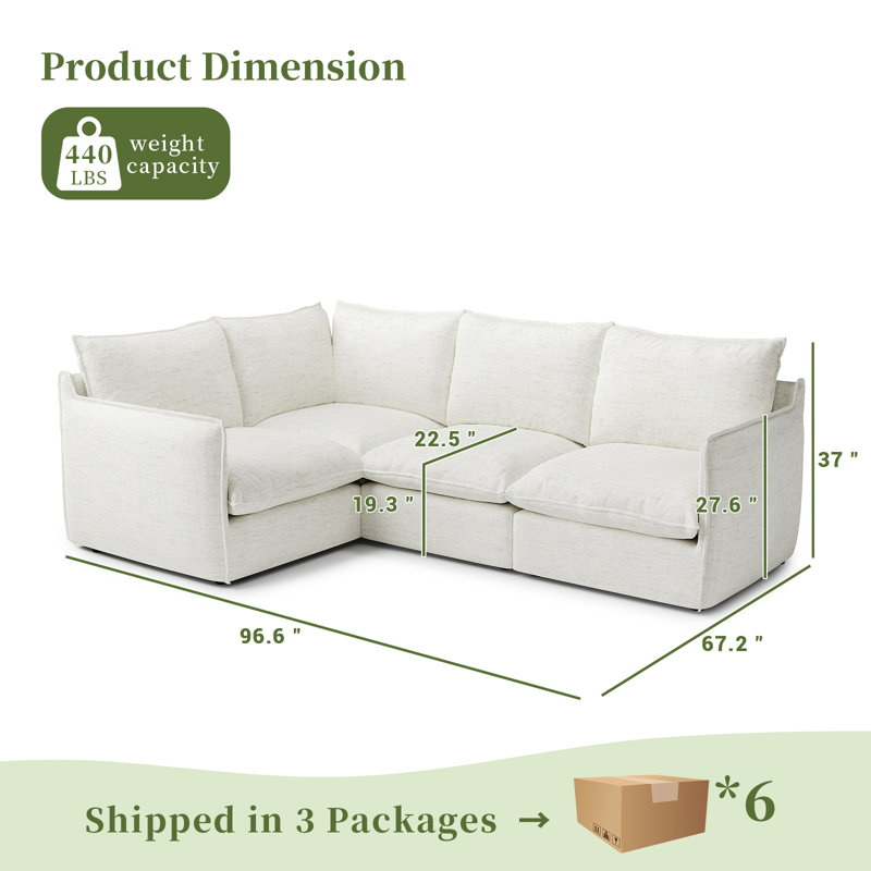 Upholstered Sectional , Cloud Sofa, 4 Seater Modular Sectional Sofa, Down Filled Comfort L-shaped Sofa for Living Room, Bedroom