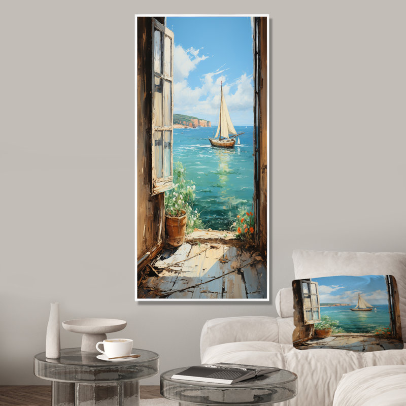 Voilier de bateau, vue sur l'océan II - fenêtres côtières, art mural, Cadre flottant blanc, H 60 po x l 28 po x P 1,5 po