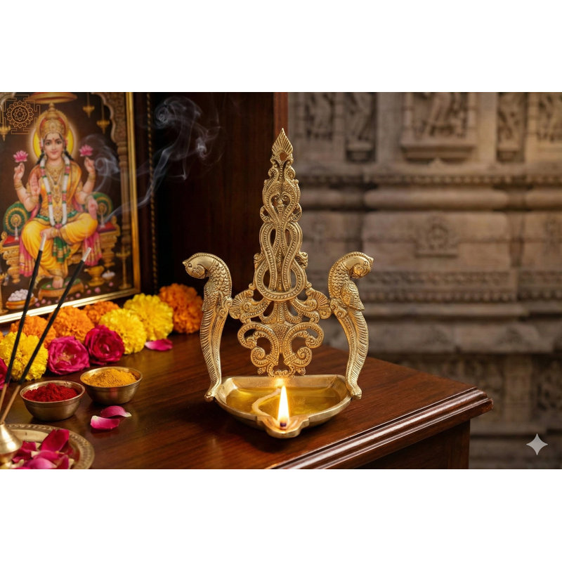 8-Inch Superfine Brass Parrot Couple Oil Lamp, Handcrafted Diya for Altar & Decorative Lightin