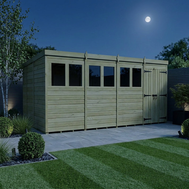 Total Sheds 16ft x 9ft Pent Garden Shed - Double Door - With Windows - Pressure Treated Timber - UK Manufactured