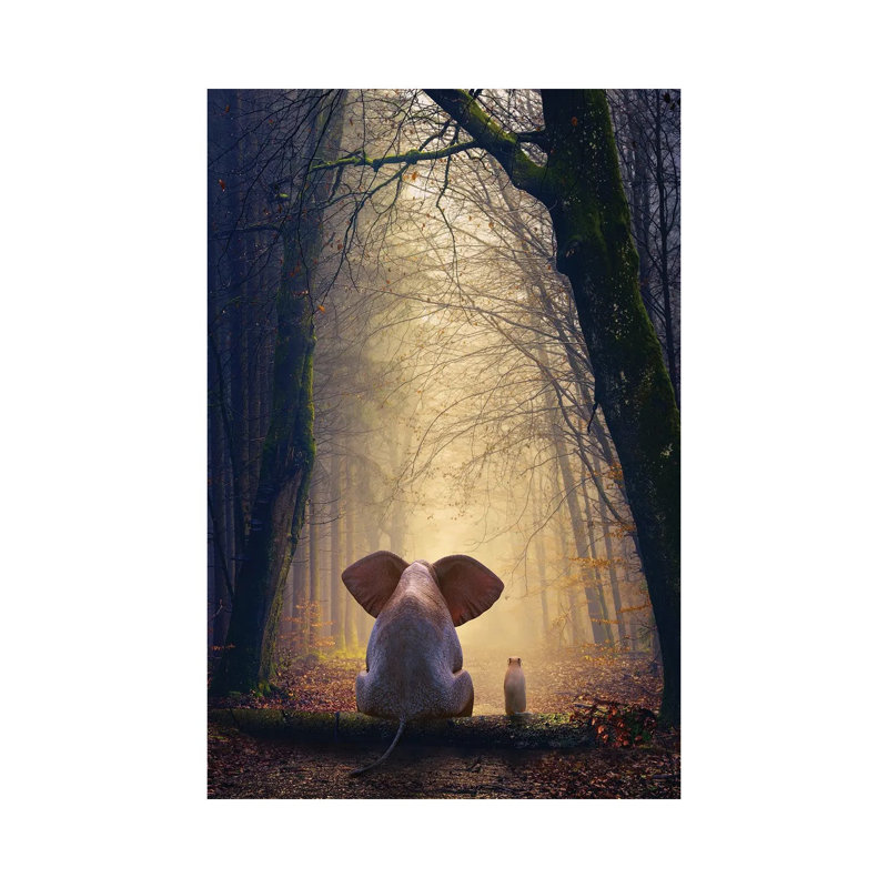 Elephant And Dog Sit In The Autumn Forest by Mike Kiev - Wrapped Canvas Print, 101.6 cm H x 66.04 cm W x 1.91 cm D