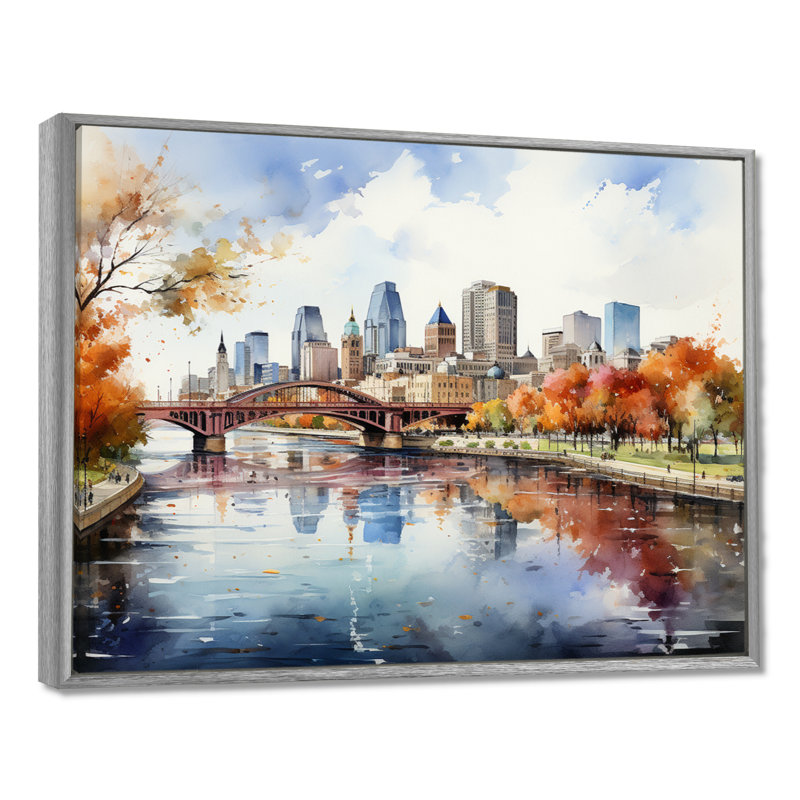Minneapolis en automne I, H 34 po x l 44 po x P 1,5 po, Encadrement argenté