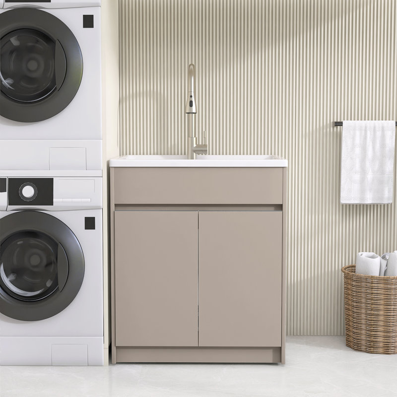 Évier de cuisine 30 po avec lavabo à surface solide et armoire de rangement autoportante brun clair, Light Brown