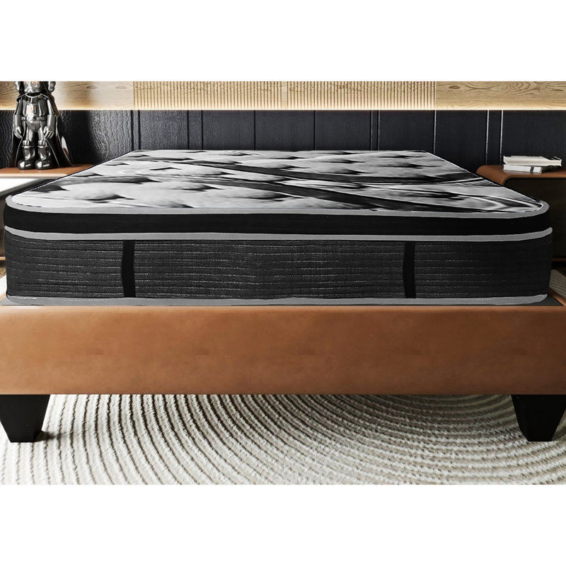 Matelas pour lit très grand 14 po dans une boîte, ressorts ensachés en mousse à mémoire de forme avec plateau européen, tissu tricoté gris et noir pour l'élégance, coussin de soutien à plusieurs couches, réduction, utilisation à haute densité à long terme, 5 zones