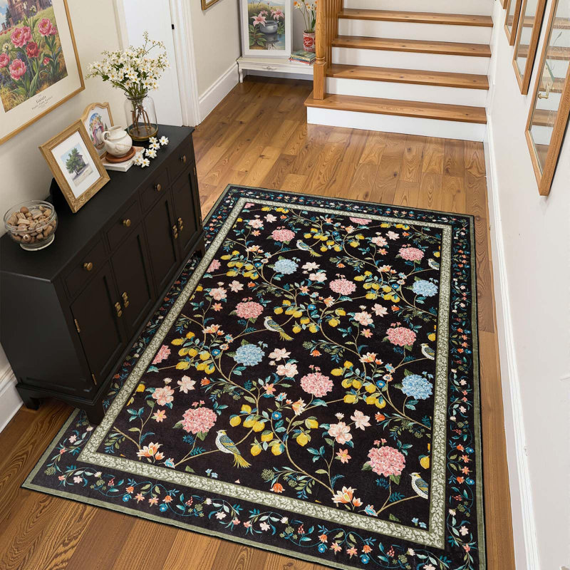 Botanical Floral Washable Non-Slip Area Rug, 5'x 7', Black