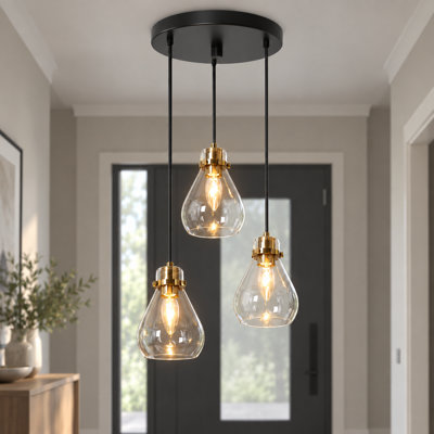 Luminaire suspendu en forme de cloche à 3 lumières noir et or avec abat-jour en verre