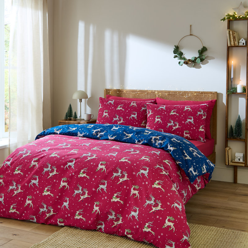 Christmas Reindeer Cotton Animal Print Duvet Cover Set with Pillowcases Included, Double Duvet Cover + 2 Standard Pillowcases
