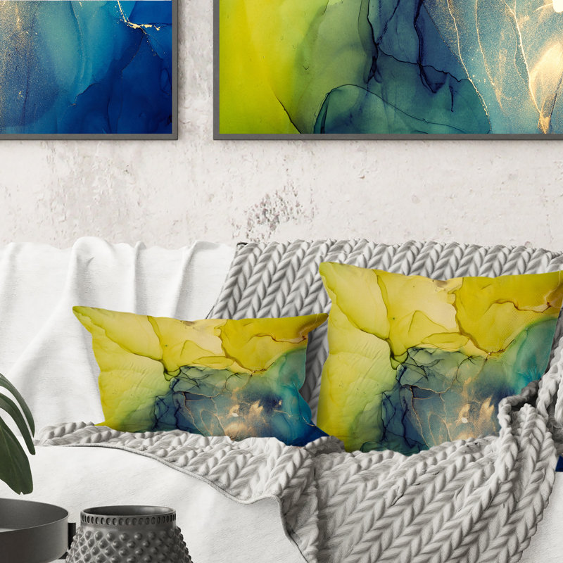 Coussin jaune et bleu Marble Waves II - Modern Printed, 16 po x 16 po