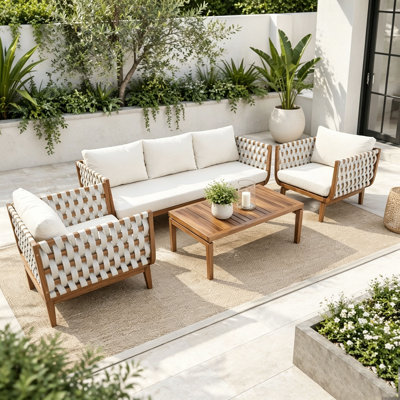 Ensemble de mobilier d'extérieur 4 pièces avec bois d'acacia, corde et coussins