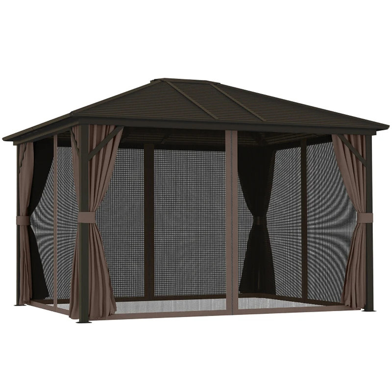 Pavillon de jardin à toit rigide d'extérieur durable avec parois latérales en maille et rideaux d'intimité pour une utilisation toute l'année