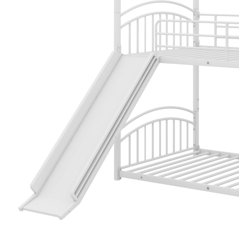 Lovely Twin Over Twin Metal House Bunk Bed With A Thrilling Slide, White