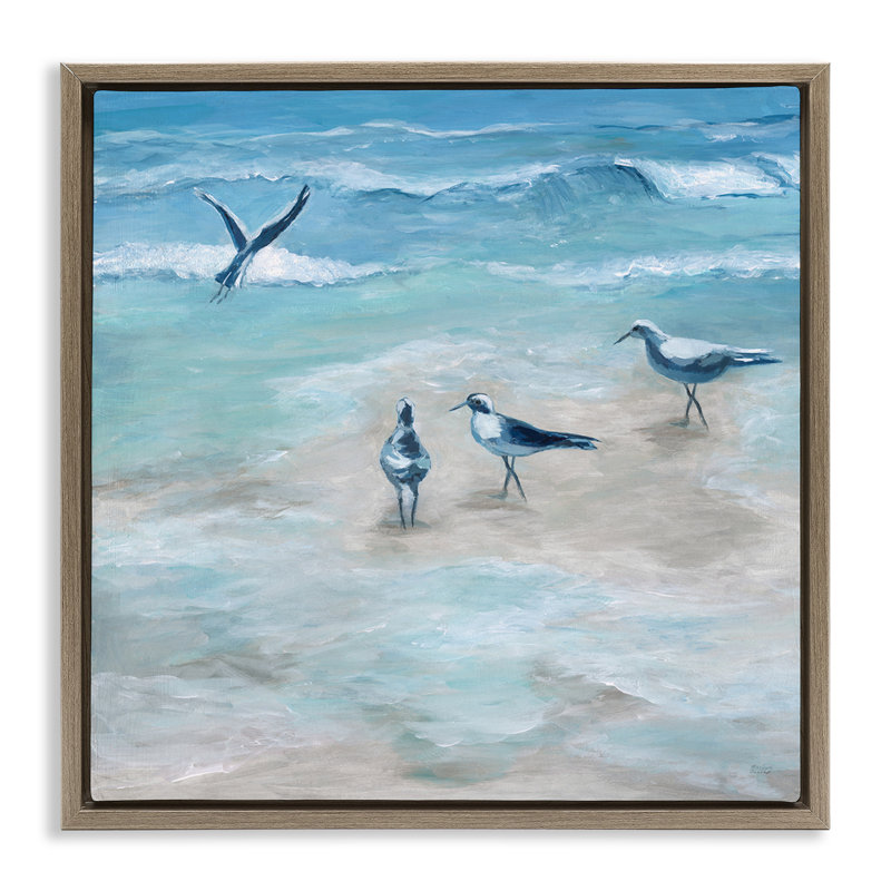 Mouettes côtières sur la plage, H 25 po x l 25 po, Cadre flottant orme Montalcino
