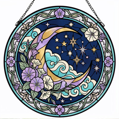 Moon Stars Stained Glass Window Panel，12"H