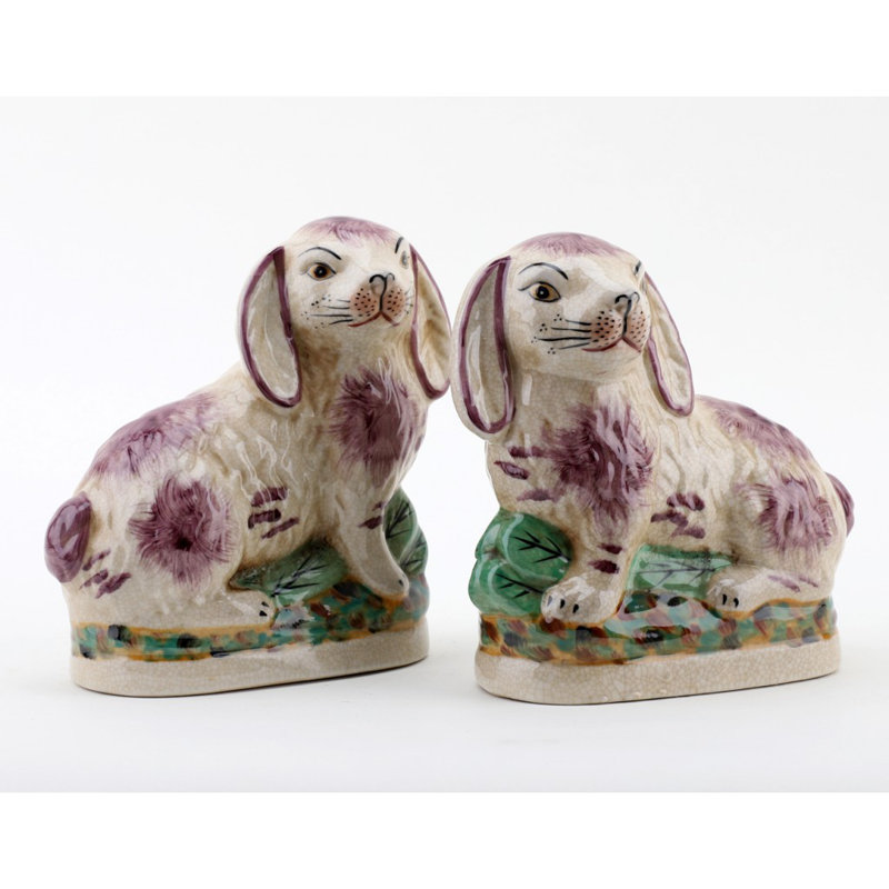 Small Staffordshire Bunny Hares Figurine, Orange/Cream, 6.5" H x 6" W x 3" D