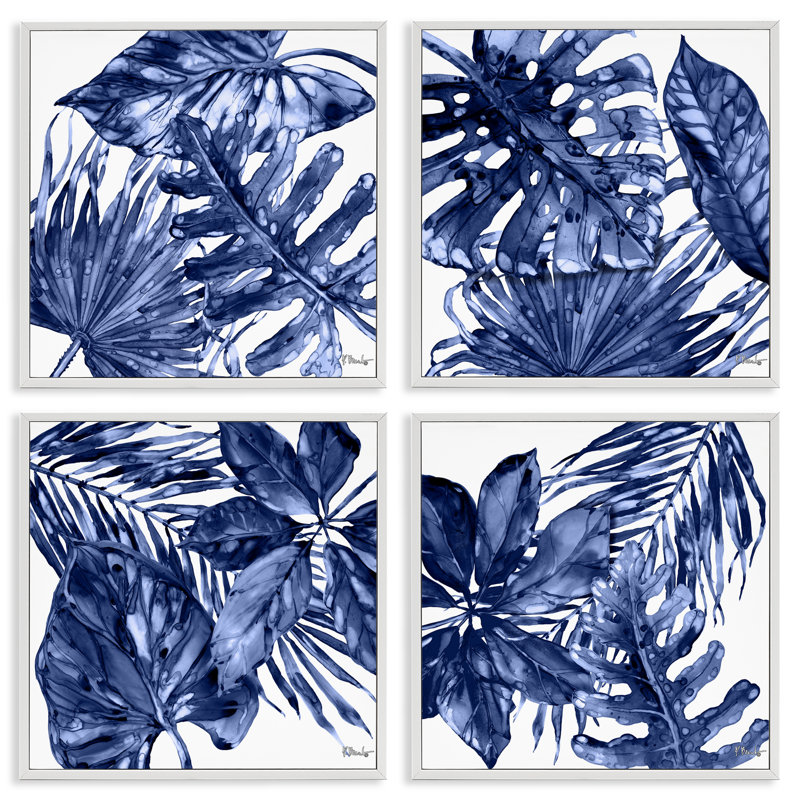 Ensemble de 4 giclées bleues aux feuilles de palmier bleues par Paul Brent, Giclée encadrée blanc bord de mer