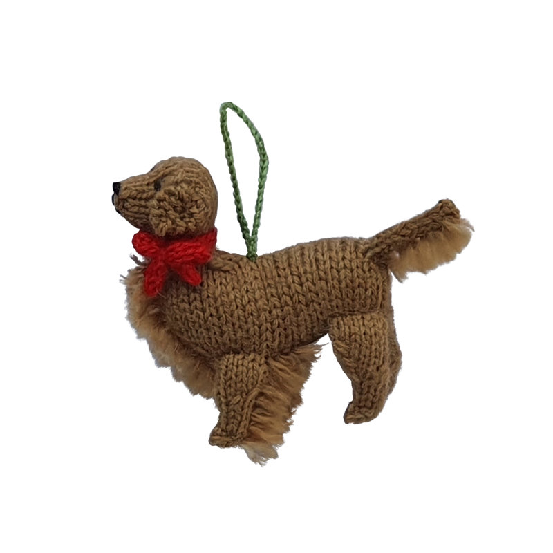 Hand-Knit Golden Retriever Ornament with Red Bow