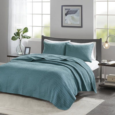 Courtepointe 3 pièces bleu sarcelle pleine grandeur / extérieur - extérieur en microfibre, rembourrage en coton, aspect réversible, piqûre, rehausse l'ambiance de la chambre à coucher, avec et 2 taies décoratives en microfibre, rembourrage, réversible, rehausse le charme, et