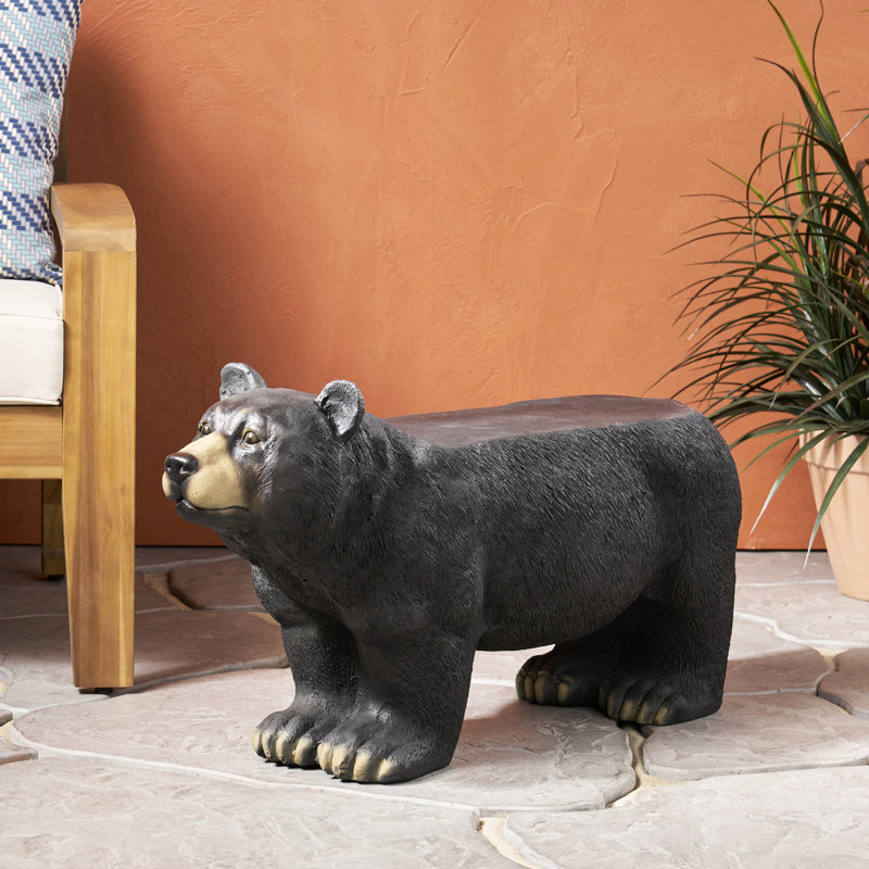 Banc en béton noir mat avec décoration captivante d'ours - sans assemblage, H 16,77 po x l 32,53 po x P 11,35 po