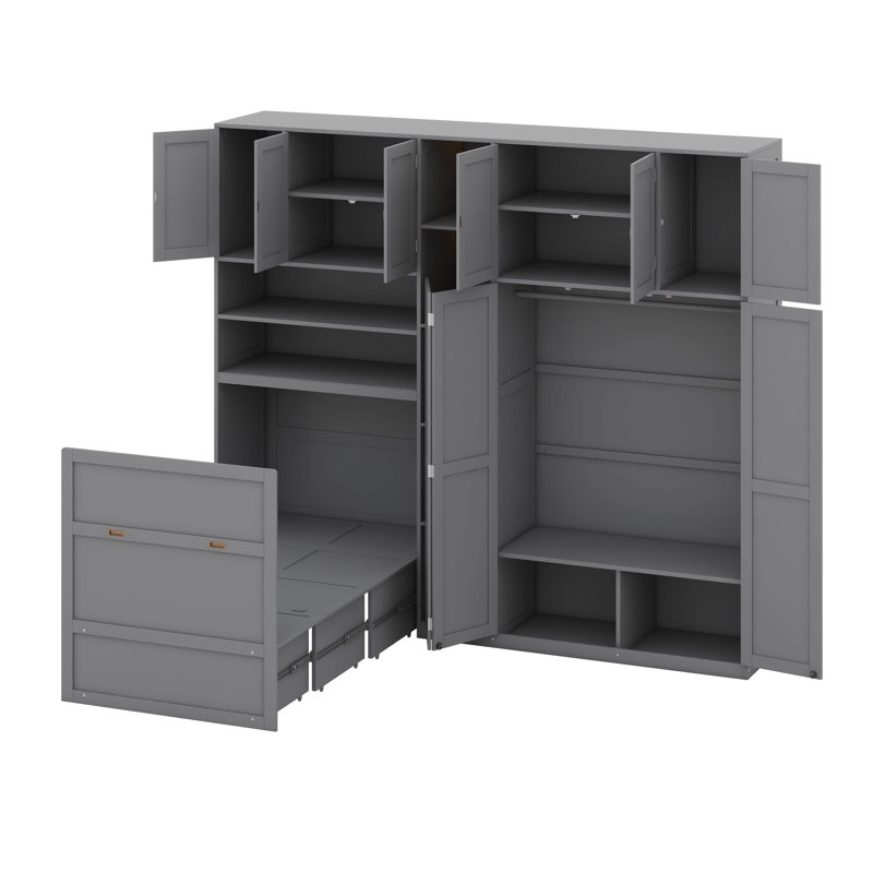 Lit simple escamotable avec garde-robe et tablettes de rangement, tablettes à DEL à 5 niveaux, armoires suspendues, Gris