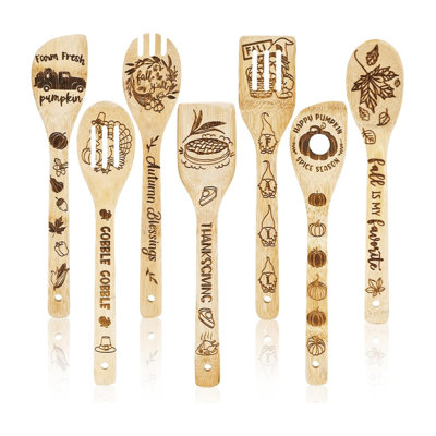 Ensemble de cuillères en bois de l'Action de grâce, 7 ustensiles gravés avec érable, gnome pour la cuisine, le service et la décoration festive