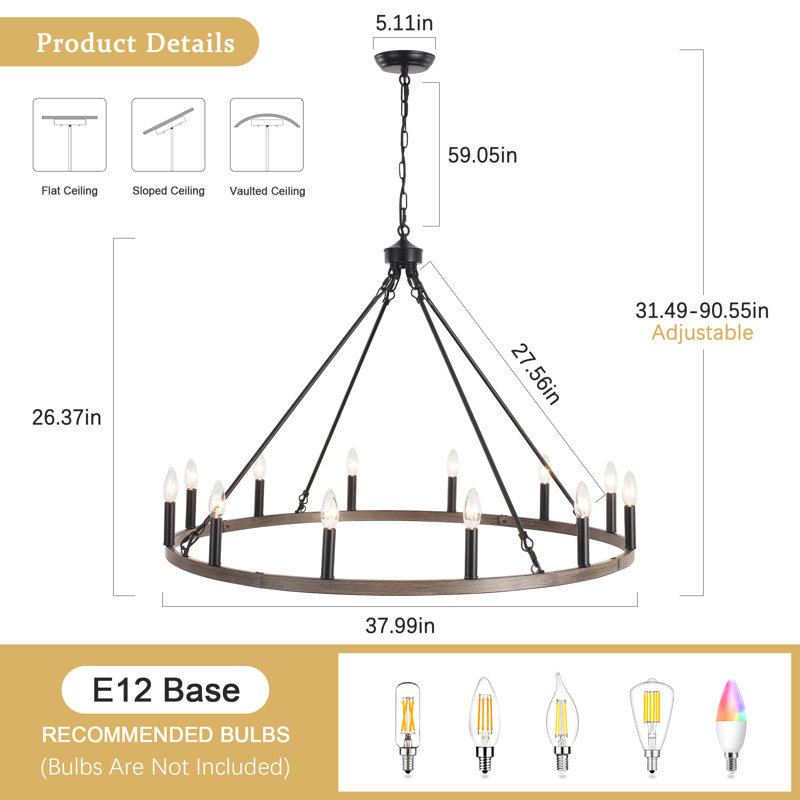 Moomal 12 - Light Wagon Wheel Wagon Wheel Chandelier with No Secondary or Accent Material, Imitation Wood Grain/Matte Black