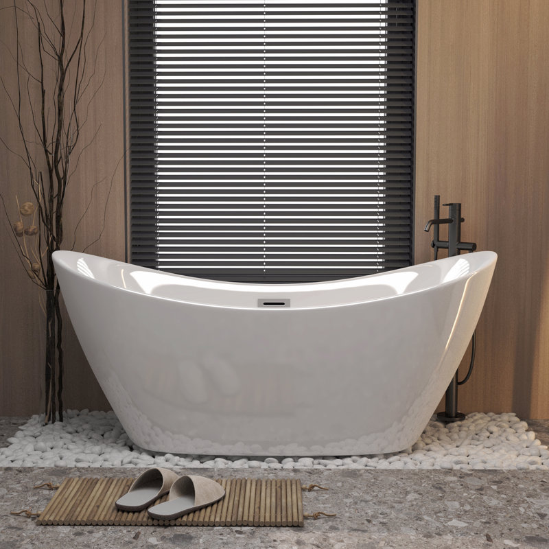 Baignoire autoportante 59 po en acrylique blanc brillant avec trop-plein chromé et bonde escamotable