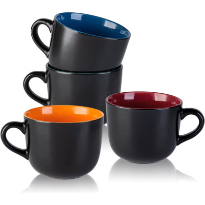 24 ounce oversized ceramic bowl and cup set with handle, coffee cereal cappuccino snacks, microwave and dishwasher safe multi-color meal soup cup 4-piece set with multiple colors
