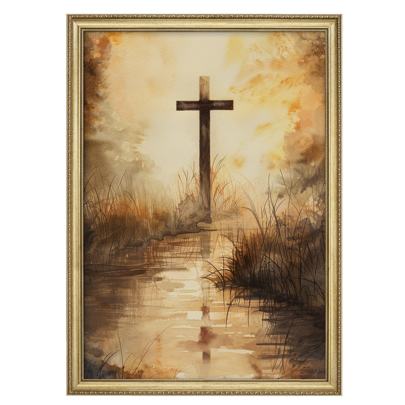 "Rustic Cross Serene Landscape with Water Reflection Impressionism Gold Art, décoration murale encadrée", Non