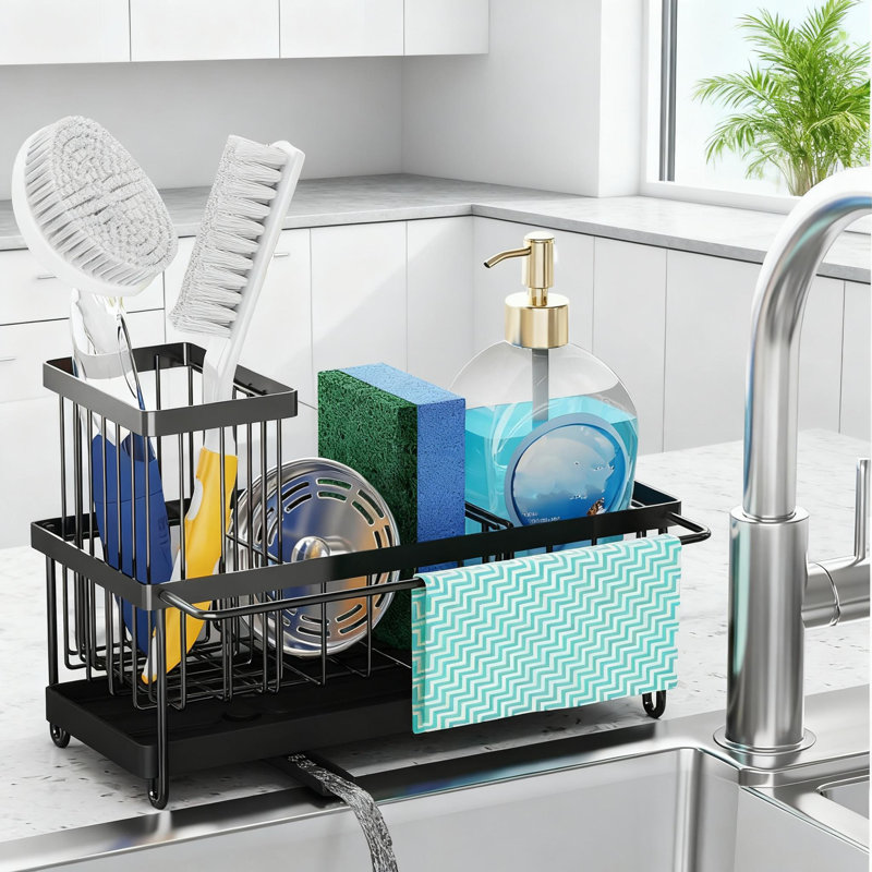 Organisateur de bac d'évier avec plateau à vidange automatique et barre à serviettes amovible, éponge de cuisine peu encombrante et porte-savon pour comptoir ou évier