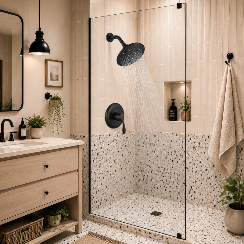 Modern Tub and Shower Faucet Set with 6-Inch Rain Shower Head, Brass Pressure Balance Valve & Anti-Scald Temperature Control, Matte Black Finish