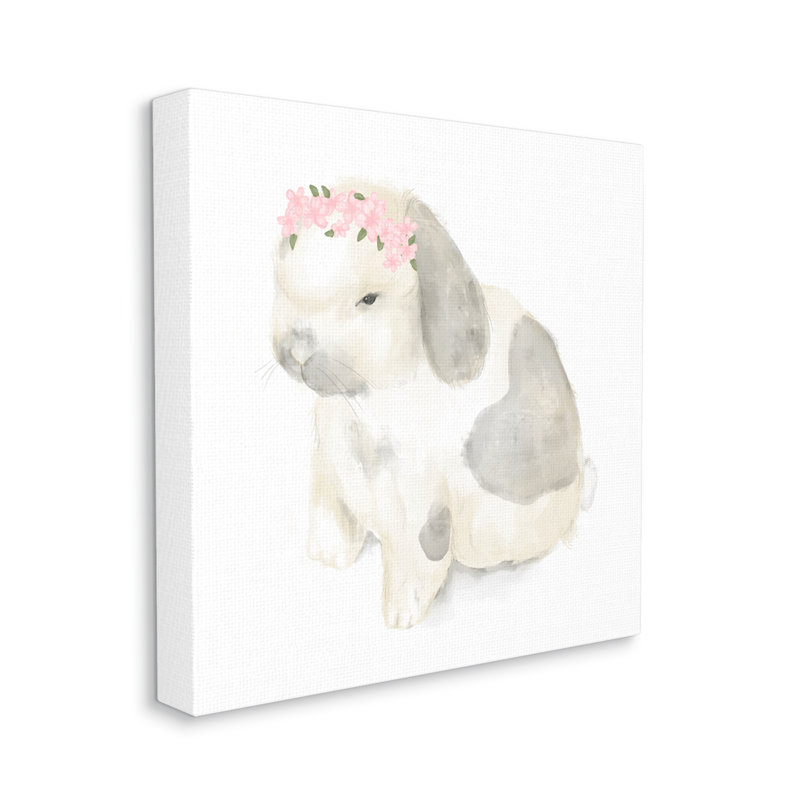 Illustration florale d'un bébé lapin à couronne florale, H 36 po x l 36 po x 1,5 po, Toile tendue